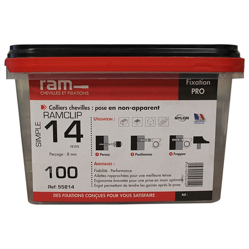 Seau de 100 RAM clip gris simple Ø14 pour fixer les gaines souples RAM