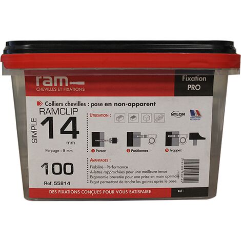 Seau de 100 RAMCLIP gris simple Ø14 pour fixer les gaines souples - Ram