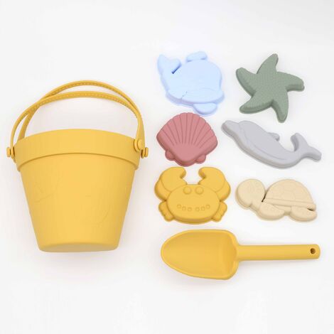 Seau de plage 8pcs, pelle jouet pour enfants série océan éclaboussures d'eau parent-enfant sable creusant ensemble de jouets de plage en silicone (jaune)