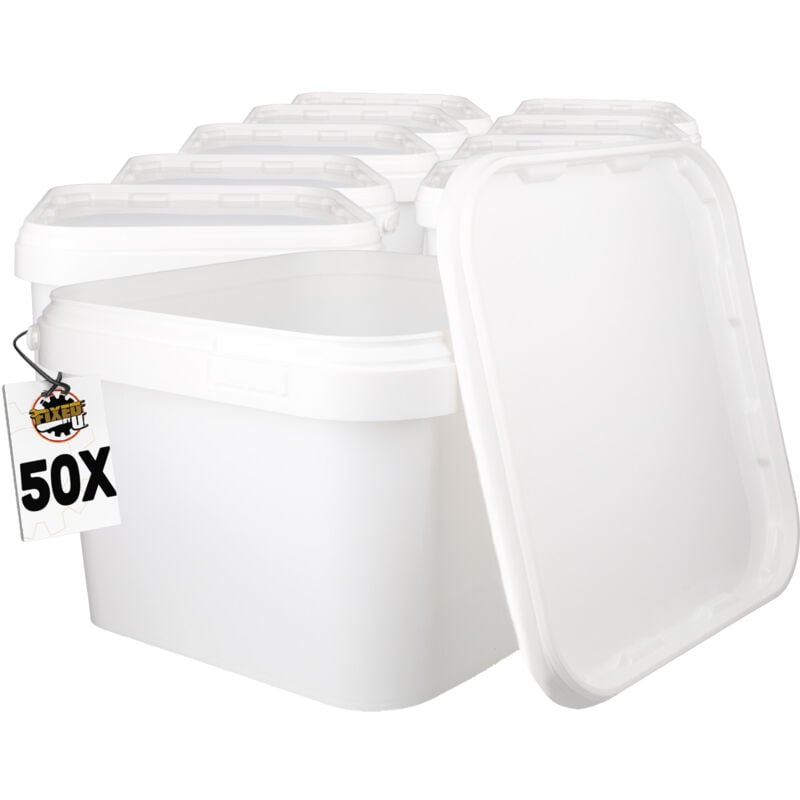 50 seaux en plastique avec couvercle, pp, rectangulaire, blanc, qualité alimentaire 3,5 l