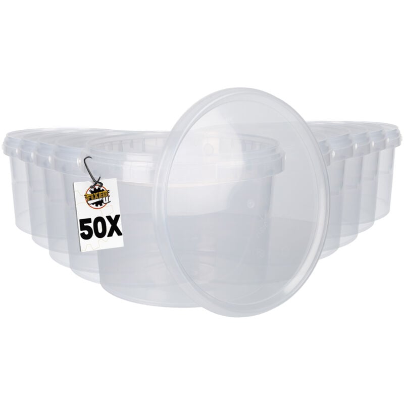 50 seaux en plastique avec couvercle, poignée en plastique,PP, rond,3 litres, qualité alimentaire Transparent