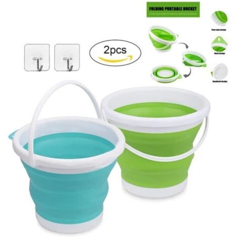 Seau Pliable,5L Ronde Bassine Retractable,avec Accroche Adhesif pour Camping,Pêche,Randonnée,Nettoyage,Menage (Vert/Bleu 2pcs)