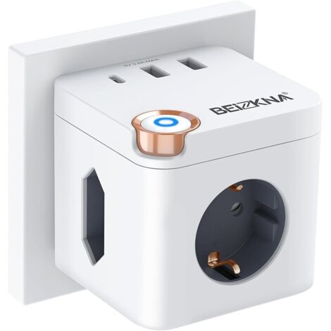 Seau Prise avec USB C, Triple 3680 W, 6 en 1 Cube Prises Multiples murales avec 3 Prises, 2 USB, 1 Type C et Interrupteur, Chargeur USB pour Bureau, Cuisine et Chambre