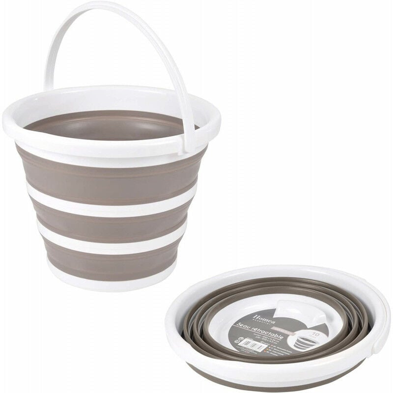 Seau rétractable en plastique et silicone - 10L - Blanc et taupe - d 32 x h 24 cm - Livraison gratuite