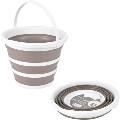 Seau rétractable en plastique et silicone - 10L - Blanc et taupe - D 32 x H 24 cm - Livraison gratuite
