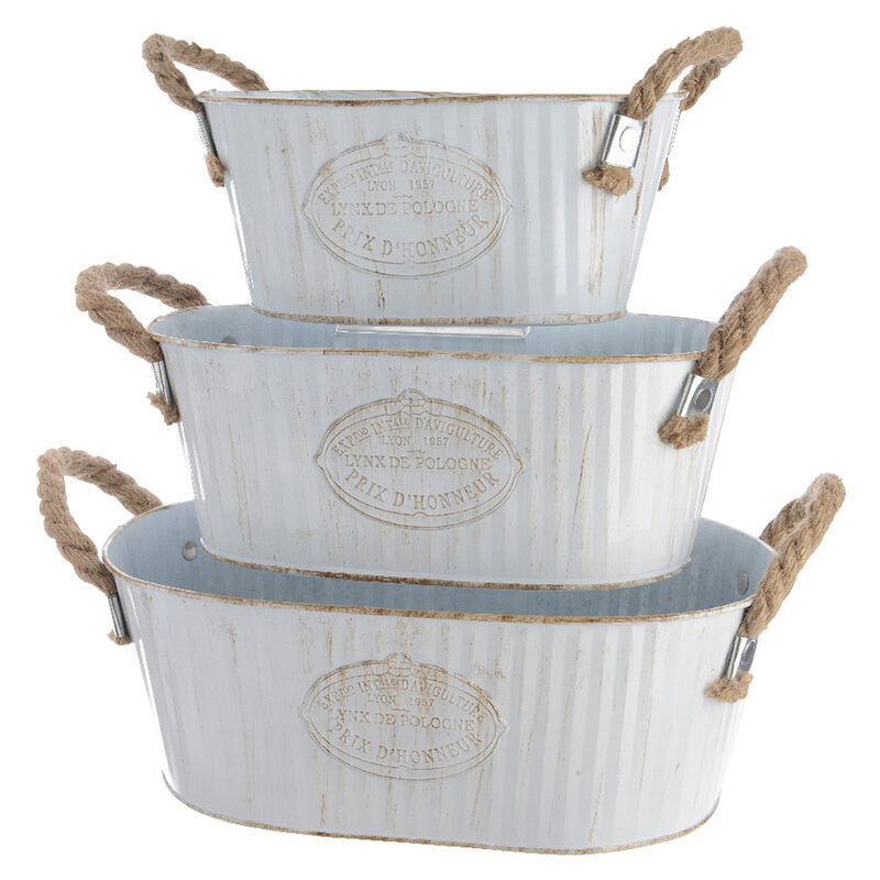 Seau zinc ovale avec anse en corde set de 3pcs