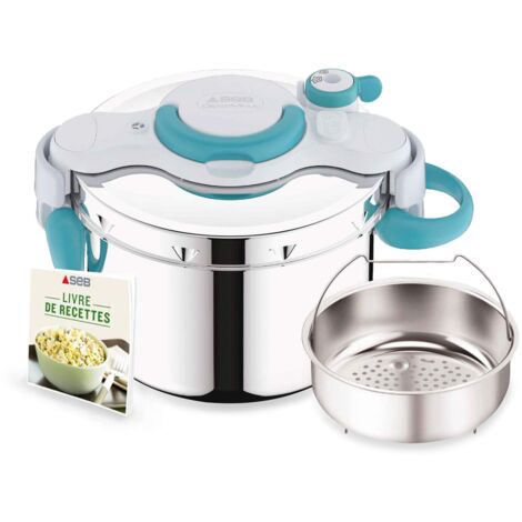 Seb ClipsoMinut' Easy+ 9 L, Manici pieghevoli, Pentola a induzione e Libro 100 Ricette, Pentola a pressione in acciaio inox, facile da usare, Made in France P4904916