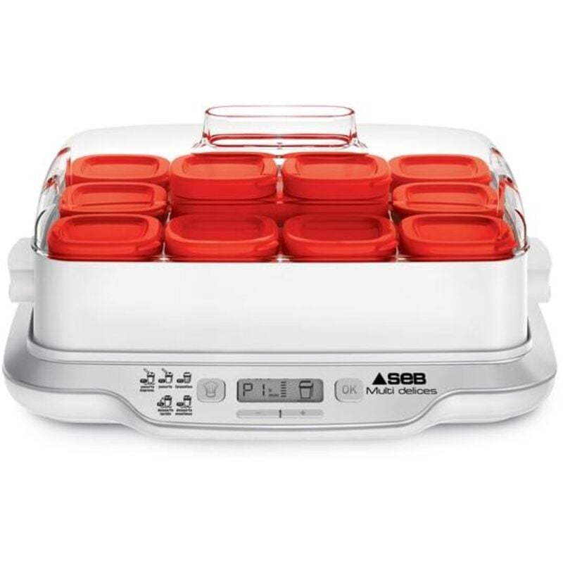 SEB Yaourtiere 12 pots 140 ml, Yaourts et desserts maison, 5 programmes automatiques, 100 % sans BPA, Fabriqué en France YY5114FB