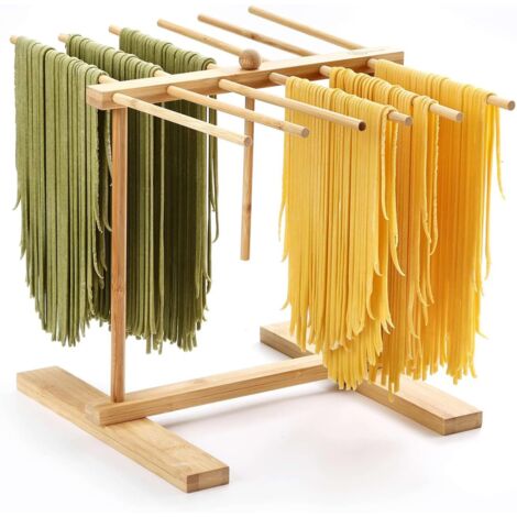 Secador de pasta, secador de pasta fresca, secador de pasta de madera con varilla de transferencia y 12 varillas, estante plegable y reutilizable para secar pasta, linguini, pasta, masa