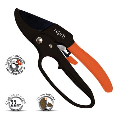 Sécateur à crémaillère 22mm – Lame en acier au carbone – Manche en aluminium avec soft grip – Système à crémaillère pour coupe nette – Krisalys
