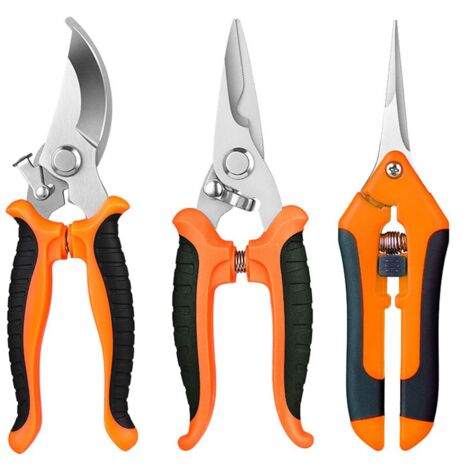 Secateur de Jardin, 3PCS Sécateurs et Ciseaux de Jardinage, Sécateur Professionnel Léger Ergonomiques à Main, Cisaille de Jardin pour Plante, Fleurs, Branches, Roses, Bonsai, Fruit (Orange)