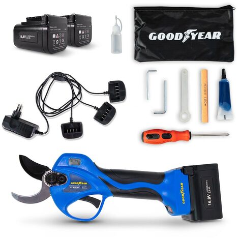 Sécateur électrique 16,8V avec 2 batteries 2Ah – Moteur Brushless – Ø de coupe 32 mm – Léger 740 g pour élagage précis – Goodyear