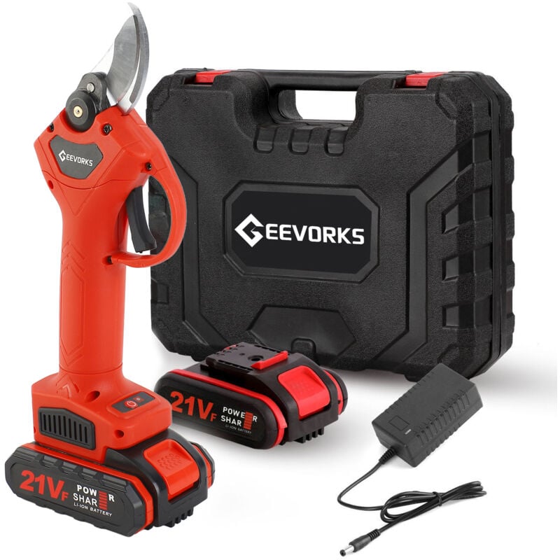 Sjlerst - Sécateur électrique 21V, rouge, sans fil, 2 batteries