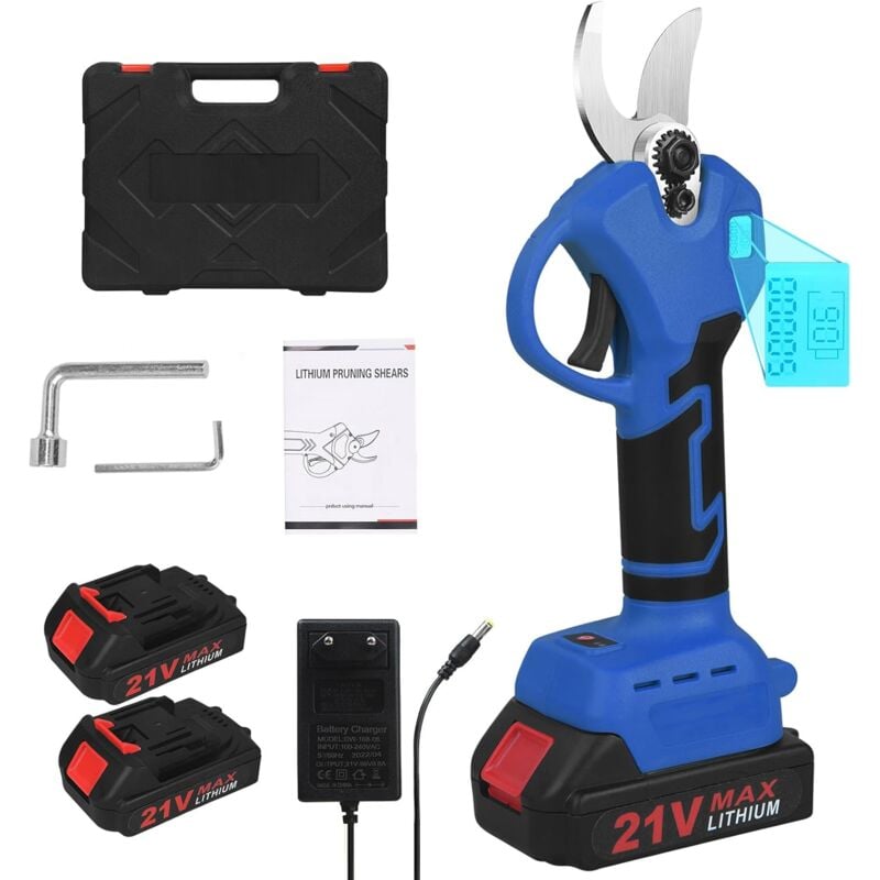 Sécateur électrique, 21V sécateur de Branche d'arbre pour haie, Diamètre de Coupe de 35 mm, avec 2 Batteries Rechargeable (bleu)