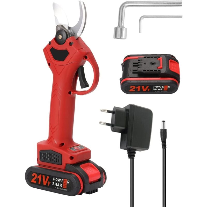 Sécateur électrique, 21V sécateur, Diamètre de Coupe de 30 mm, Ciseaux de Jardinage avec 1 Batteries Rechargeable (Rouge)
