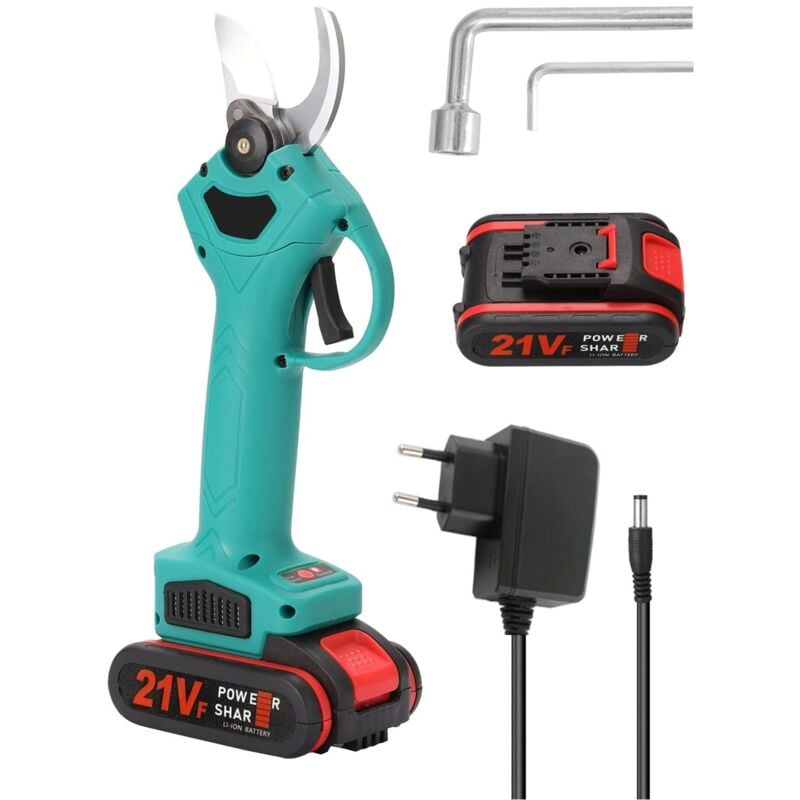 Sécateur électrique, 21V sécateur, Diamètre de Coupe de 30 mm, Ciseaux de Jardinage avec 1 Batteries Rechargeable (Vert)