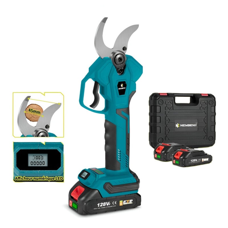 Sécateur électrique 45 mm,4 vitesse réglables,avec affichage numérique sécateur professionnel sans fil pour jardin - avec deux batteries
