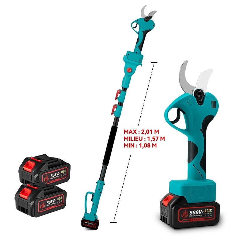Sécateur électrique avec perche télescopique 2 m, Sécateur électrique sans fil 45 mm avec Écran pour Hedge, Arbre, Fruits