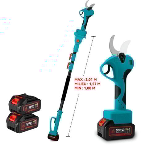 ONEVAN Sécateur électrique avec perche télescopique 2 m, Sécateur électrique sans fil 45 mm avec Écran pour Hedge, Arbre, Fruits