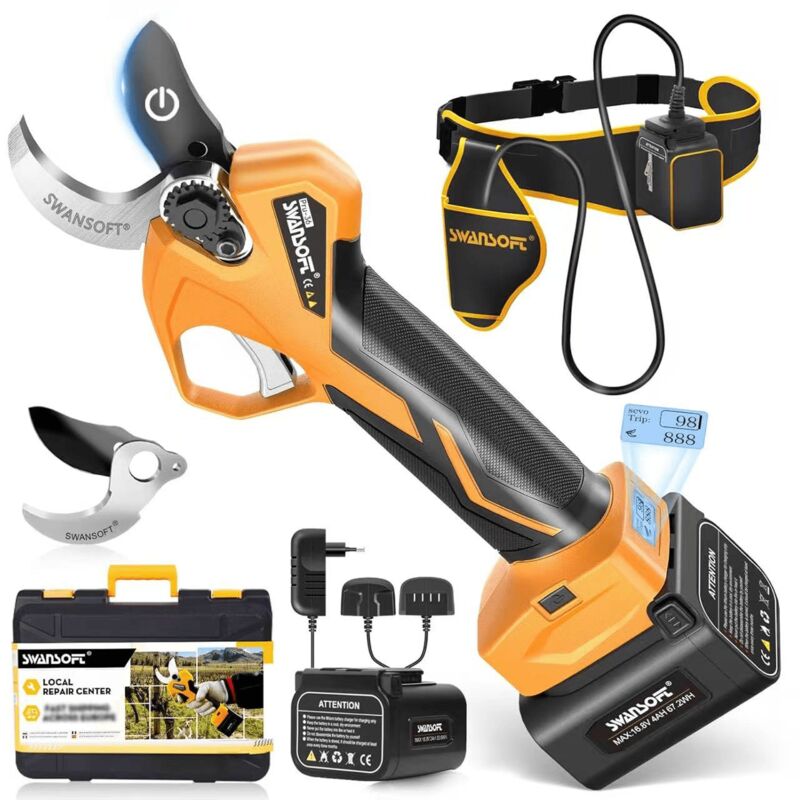 Secateur Electrique Professionnel, 36mm 900W 4Ah/2Ah Sécateur Électrique sans Fil avec Batterie pour jardin, vergers et vignobles, Jaune/Noir