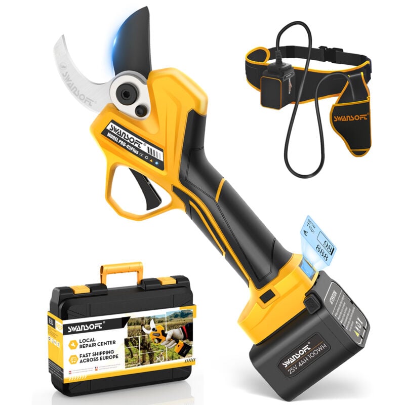 Secateur Electrique Professionnel 45mm, 1150W 4Ahx2 Sécateur Électrique sans Fil avec Batterie pour Jardinage, Jaune/Noir - Swansoft