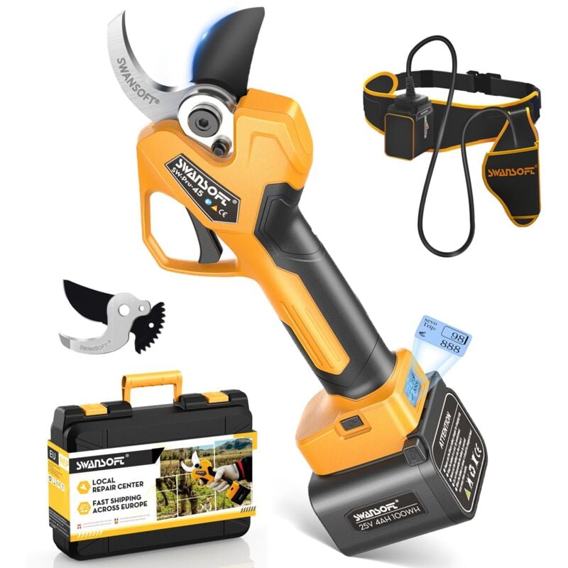 Secateur Electrique Professionnel, 45mm 25V 1150W 4Ahx2 Sécateur Électrique sans Fil avec Batterie pour jardin, vergers et vignobles, Jaune/Noir