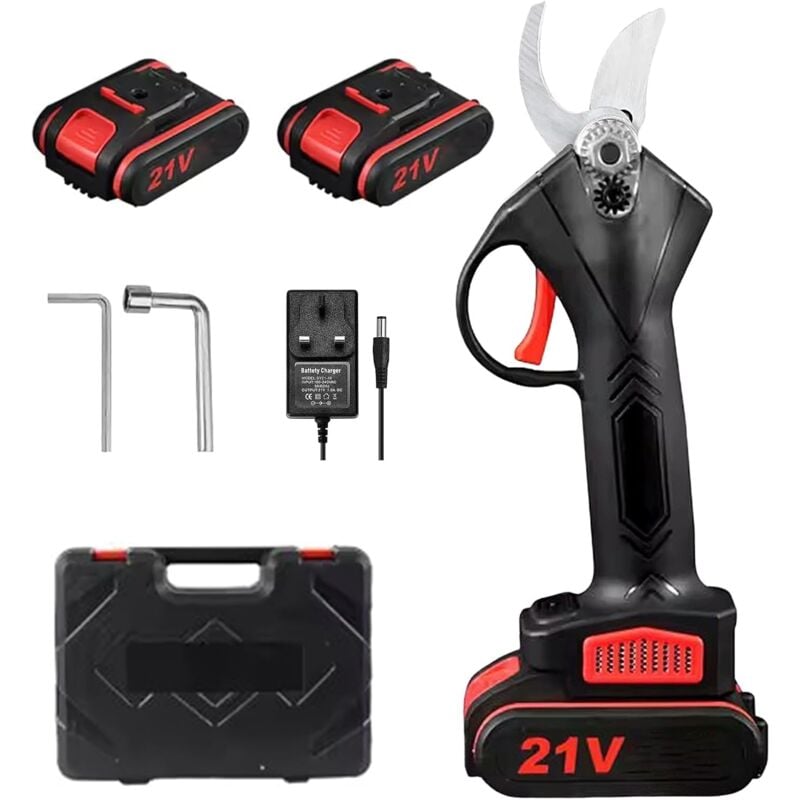 Sécateur Électrique Sans Fil, 25mm Secateur Electrique, avec 2 batteries 21 V/1300mAh, (Noir)