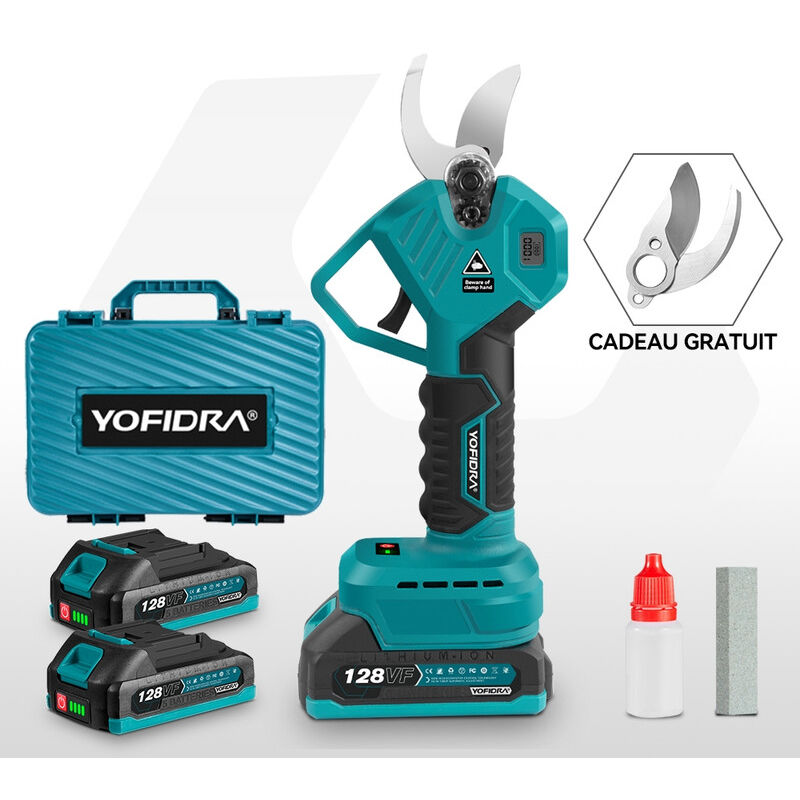 Sécateur électrique sans fil 30 mm, 2 vitesses avec Affichage led pour jardin, branches - Deux batteries (1 paire de lames remplaçables