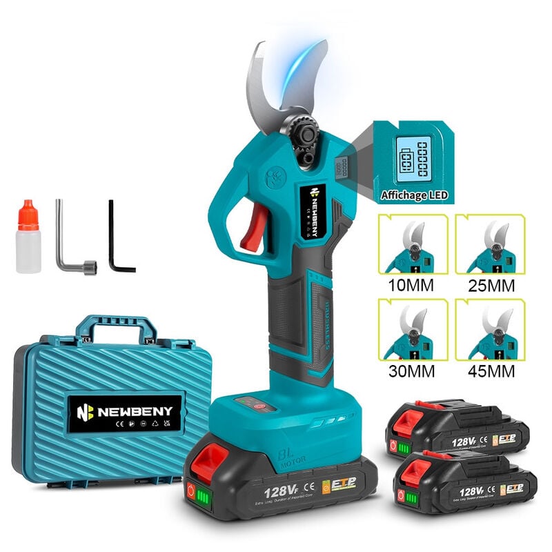 Sécateur électrique sans fil 30 mm, sécateur à batterie 4 vitesses avec affichage numérique pour jardin, branches - Deux batteries 128VF