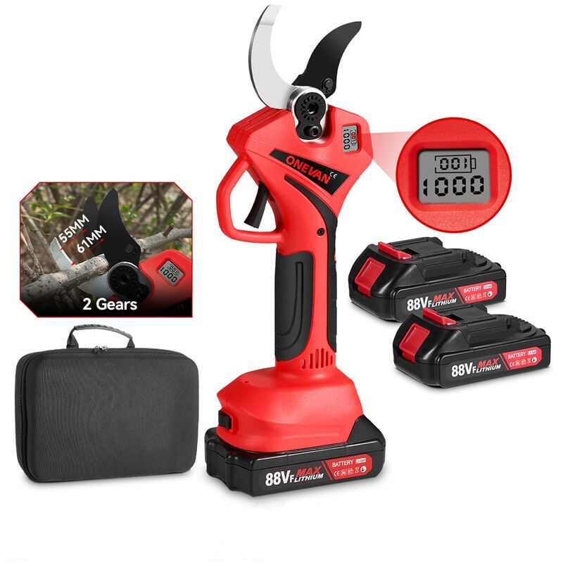 Secateur electrique sans fil 50mm ,2 vitesse(61mm/55mm),avec affichage numérique de verdissement de jardin Sécateur - avec batteries et chargeur