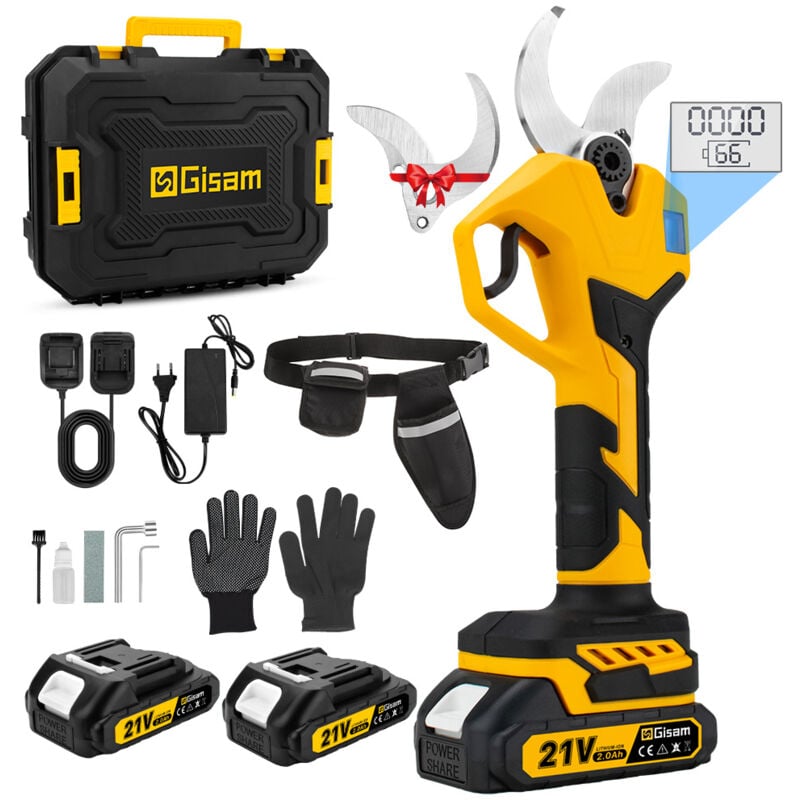 Sécateur Électrique Sans Fil de 40 mm avec câble rallonge et affichage led 2X2000mAh Batteries Lames de sécateur professionnelles pour branches de