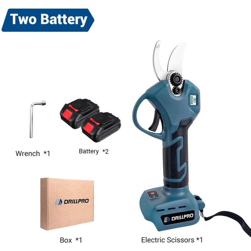 Sécateur Électrique Sans fil, Drillpro, 500 w, 18 v, Sécateur électrique avec Écran avec 2 Batteries de 2.5Ah, pour Jardins Parcs Fermes Serres