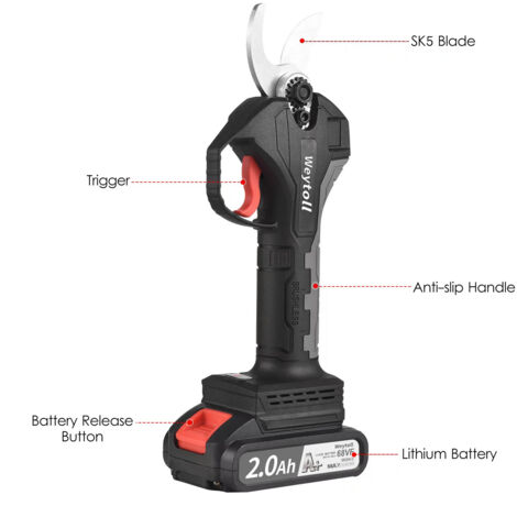 Sécateur électrique sans fil Weytoll Nanwei 21V, alimenté par une batterie lithium rechargeable de 10 Ah, pour la coupe des branches d'arbres et le jardin. Diamètre de coupe : 30 mm. Lame de rechange 
