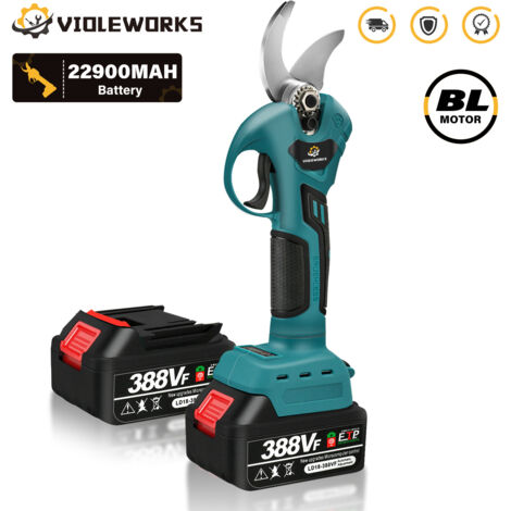 Sécateur électrique sécateur ciseaux de coupe de branche sans fil VIOLEWORKS 388VF 3000W 4 vitesses avec 2 Batteries Bleu ZebraA