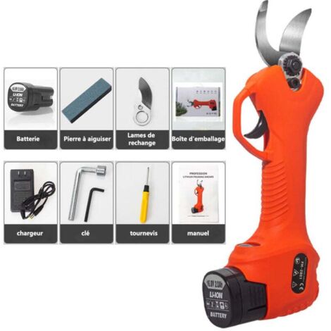Sécateur électrique, Sécateur Électrique avec Chargeur et 1 Batteries 36V, Lithium 2Ah, diamètre de Coupe 25 mm (Orange)