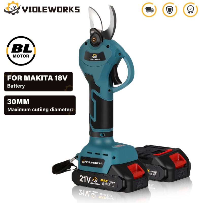 Sécateur électrique violeworks sans fil 21V 500W 30mm max. en coffret avec 1 batterie Coupeuse d'élagage d'aménagement paysager pour arbres fruitiers