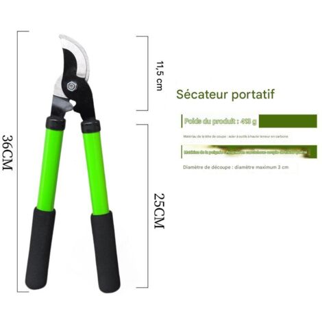 Sécateur portable robuste, en acier à haute teneur en carbone, 36 cm, pour une taille sans effort des branches, arbustes et arbres fruitiers jusqu'à 3 cm de diamètre - Vert