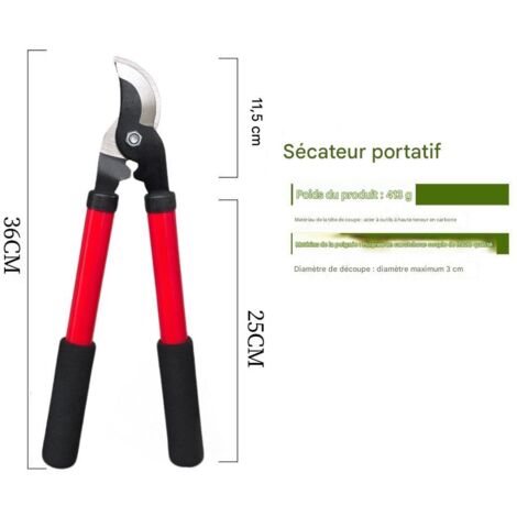 Sécateur portable robuste, en acier à haute teneur en carbone, 36 cm, pour une taille sans effort. Idéal pour les branches jusqu'à 3 cm de diamètre, arbustes et arbres fruitiers - Rouge