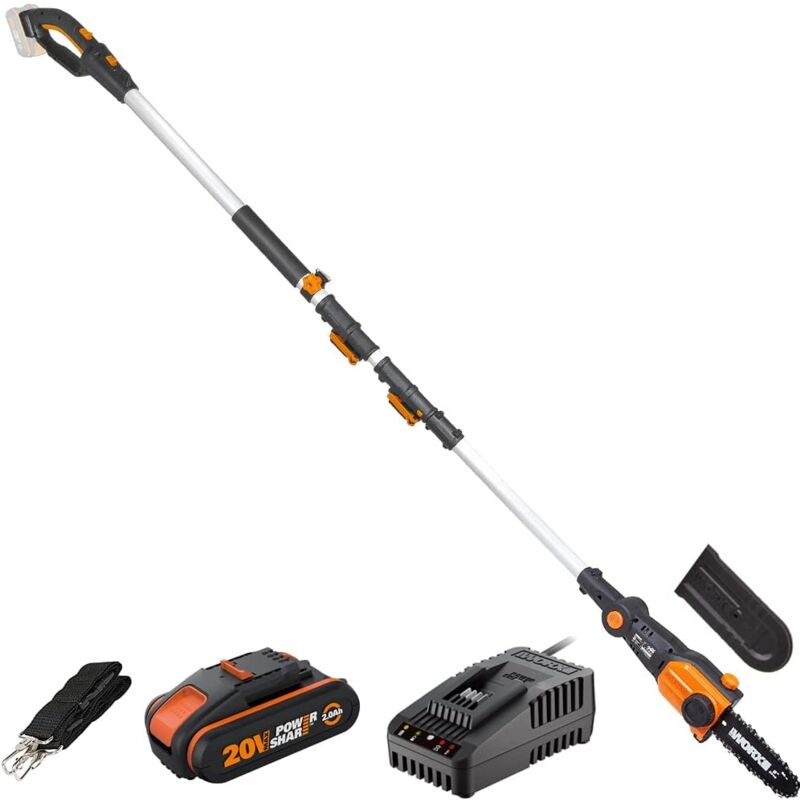 Worx - Elagueuse / tronçonneuse sur tige télescopique 20V - 2Ah - WG349E -⌀ 20 cm (Hauteur de coupe 4m, livrée avec batterie et chargeur, harnais,