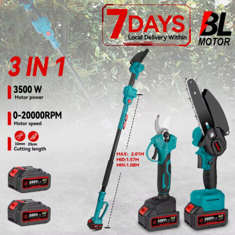 Sécateur + Tronçonneuse Électriques 3 en 1 3500W – Outil de Coupe Sans Balais avec Perche Télescopique, Livré avec 2x Batteries 588VF, Compatible Makita, Taille & Élagage Professionnels