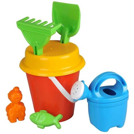 Secchiello da mare per Bambini con formine setaccio paletta e rastrello h 18 cm