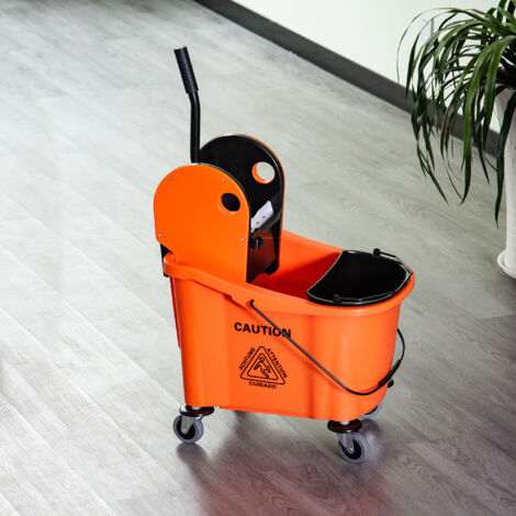 Secchio per Mocio Professionale 36L, Carrello Lavapavimenti con Strizzatore Manuale e 2 Secchi, Arancione e Nero