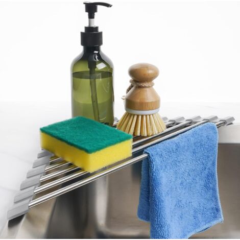 Séchage à vaisselle Triangle Roll pour coin évier Petit évier pliable en acier inoxydable Égoutteuse multifonction Rack de rangement Rack de rangement Étagère économisant espace (Gris)