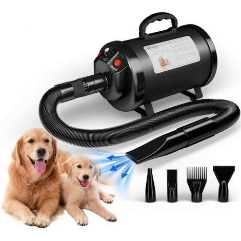 Sèche-Cheveux pour Chien Blower - Très Silencieux - 5,2 CV / 3800 W - Moteur réglable - Souffleur de Soins pour Chien avec 4 Buses différentes - Tuyau élastique et Brosse d'entretien