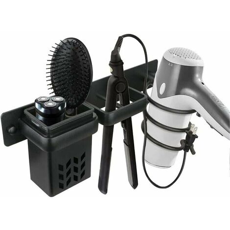 Sèche-Cheveux Salle De Bain Rangement Porte Accessoires Support Organisateur Ensemble Et Lisseur Accessoire Mural Professionnel en Aluminium pour,D'étagère avec Trous pour Argenté Noir zhuoxuan