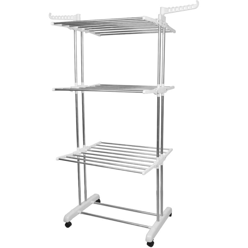 Etendoir à Linge Pliable, Séchoir à Vêtements Mobile, Etendage à Linge, 3 Etages 4 Roues, Ailes latérales, Tubes en Acier Inoxydable avec Espace