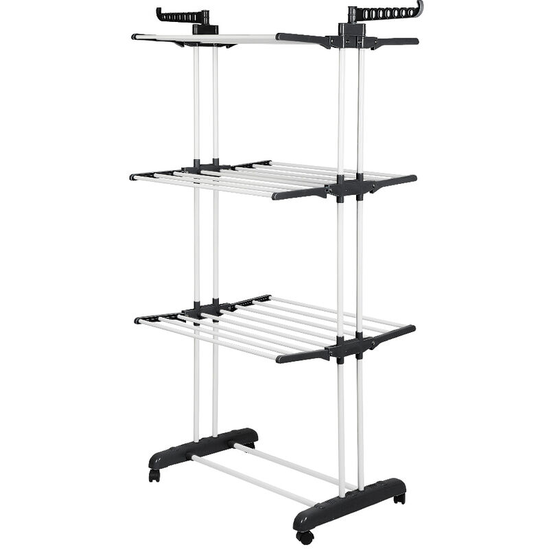 Etendoir à Linge Pliable, Séchoir à Vêtements Mobile, Etendage à Linge, 3 Etages 4 Roues, Ailes latérales, Tubes en Acier Inoxydable avec Espace