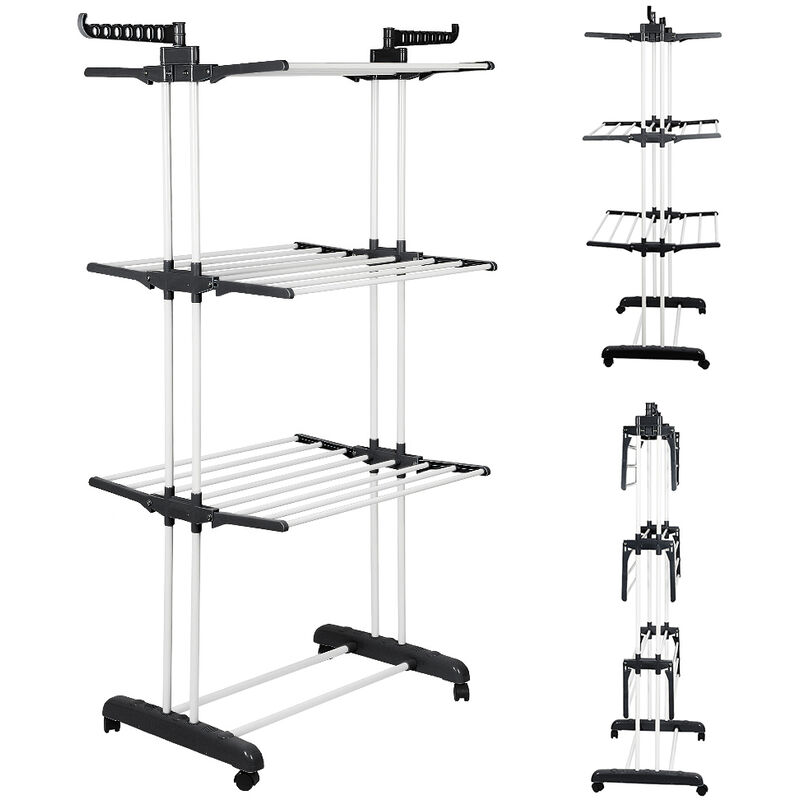 Hofuton Séchoir Pliable d'Interieur, Etendoir à 3 Niveaux, 3 Etagères, Avec Porte-chaussures, Noir Blanc