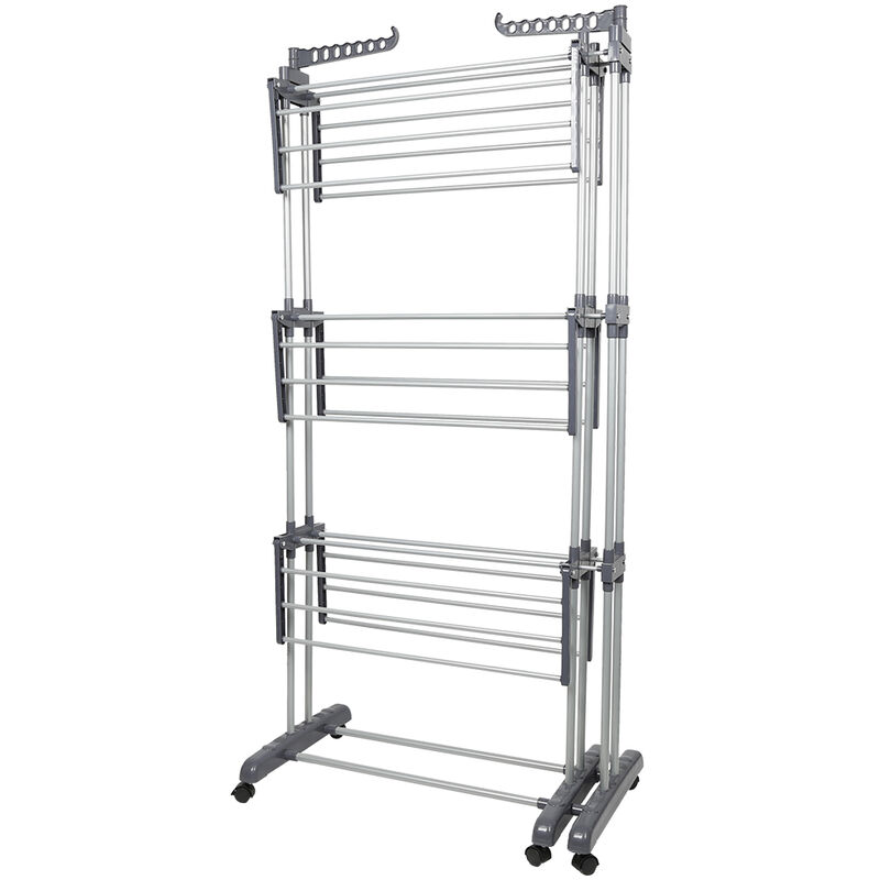 Sèche-linge tour à 3 niveaux avec 4 roues, séchoir à linge extensible avec ailes pliables, séchoir à linge peu encombrant pour grandes familles Gris