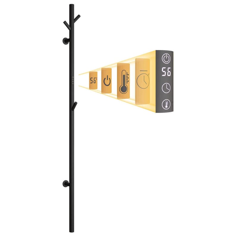 Sèche-Serviette Électrique Noir, 30 w Chauffe-Serviettes 1525×65mm WiFi Intelligent Porte-Serviettes Chauffant Électrique Mural Commande Tactile à